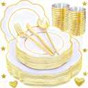 ejonirinjonir EI 180pcs White Plastic Plates with Gold Plastic Silverware,Heavy-Duty Disposable Plates for Party,White Dinnerware Set for 30 Guest Wedding,Afternoon Tea,Spring,Mother's/Valentine's Day