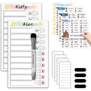 Upgraded Slider Dry Erase Chore Chart for Kids, Whiteboard Magnetic Chore Chart for 2 Kids, Reusable Morning/Bedtime Routine Chart for Kid Toddlers Teens Adult, Visual Schedule for Kid with Autism
