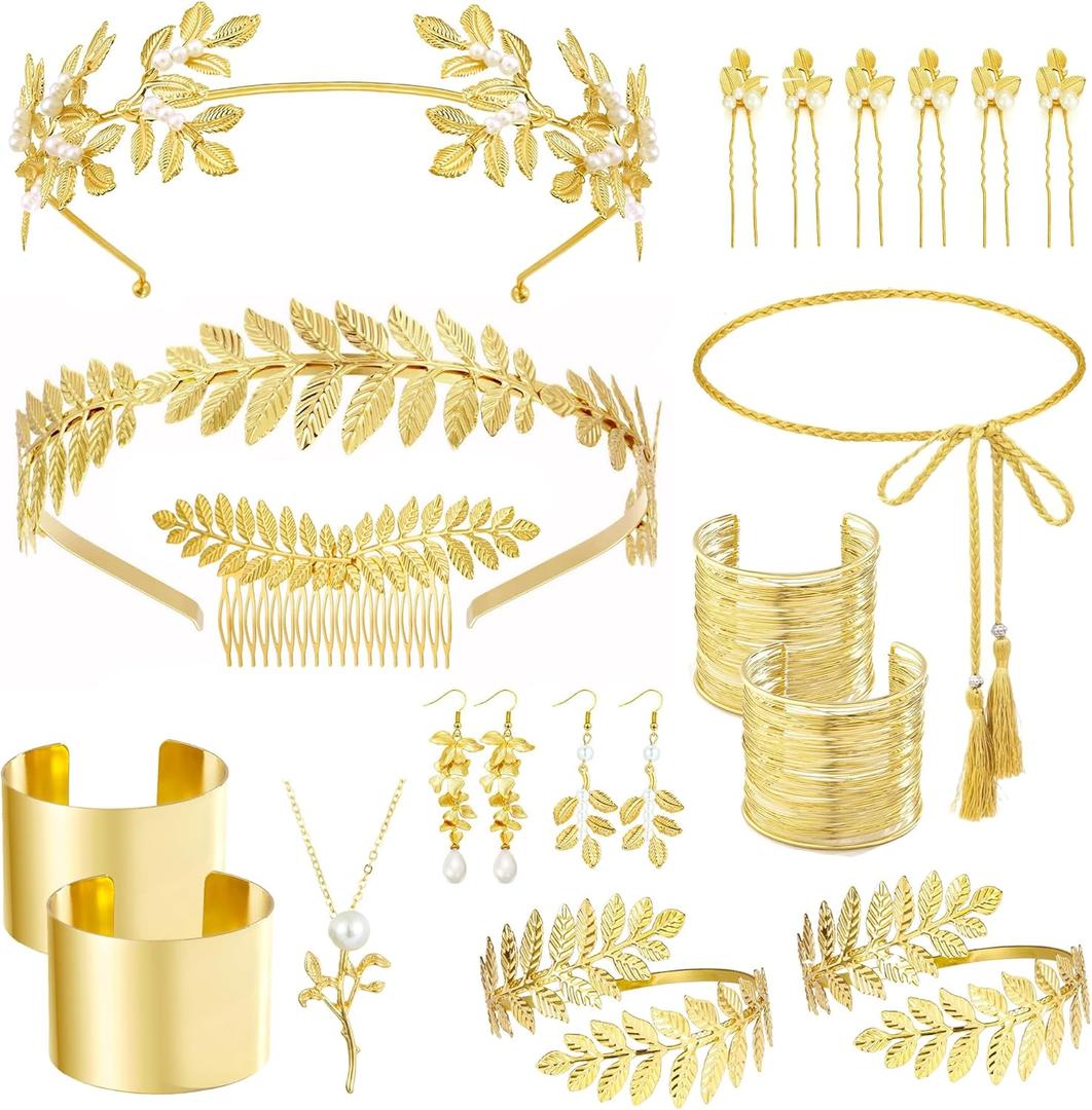 21 Pcs Greek Goddess Accessories for Women Leaf Crown Headband Toga Belt Leaf Arm Cuff for Halloween Cosplay Party Greek Costume Set
