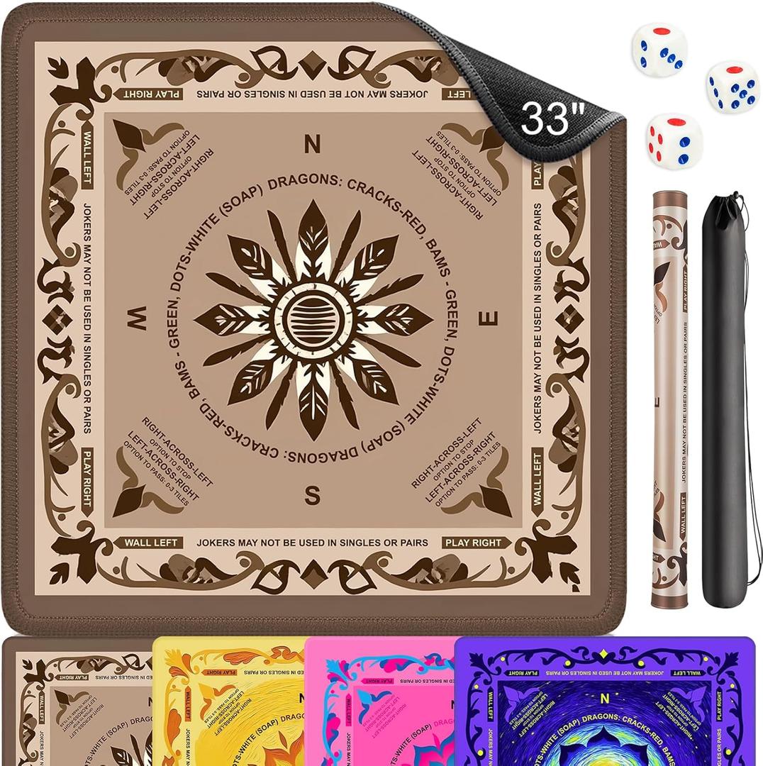 Neoprene Mahjong Mat with Rules, 33x33 Inch Mahjong Mat for Table, Non-Slip Noise Reduction Mah Jongg Mat with Carrying Bag and 3 Dice for Poker, Card, Board, Tile Games, Dominoes (Brown)