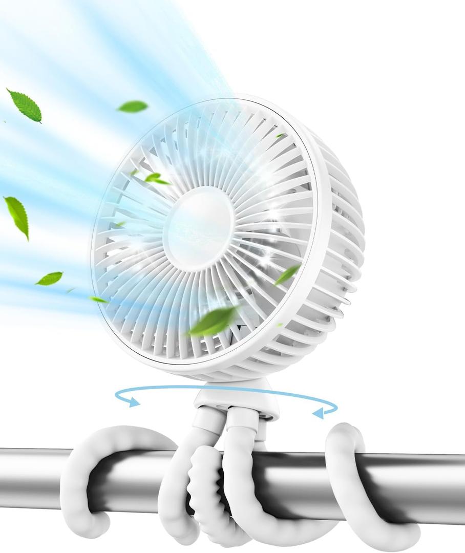 Gaiatop Oscillating Baby Stroller Fan with LED Night Light, 4 Speeds Cooling Rechargeable 360 Rotate Clip On, Battery Operated Small Portable Fans for Car Seat Crib Treadmill Travel (White)