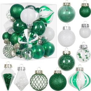 Christmas Ball Ornaments Set, 34PCS Clear Plastic Shatterproof Christmas Ornaments for Xmas Tree Hanging Decorations, for Indoor Home Thanksgiving Party Decor - Green/White.