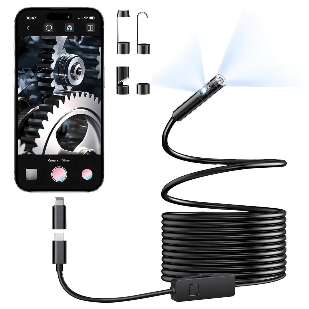 [Dual-Lens] Endoscope Camera with Light, 1920P HD Borescope with 8+1 Adjustable LED Lights, IP67 Waterproof 16.5FT Semi-Rigid Snake Cord Inspection Camera for iPhone, iPad and Android Phone (Type C)