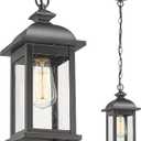 FEMILA Outdoor Pendant Light, 19 Inch Large Vintage Hanging Lantern Light, Outdoor Pendant Lights for Porch with Adjustable Chain, Black Finish, Seeded Glass, 4FD54H2 BK