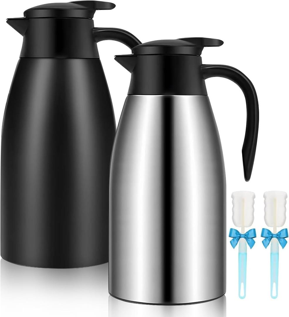 68oz Thermal Coffee Carafe, 2 Pack Airpot Insulated Coffee Urn Stainless Steel Vacuum Thermal Pitchers for Coffee, Hot Water, Tea, Beverage  Keep 12 Hours Hot, 24 Hours Cold (Silver, Matte Black).black  one have a dent