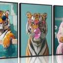 3Pcs Funny Tiger Bathroom Canvas Wall Art Trendy Preppy Tiger Bathroom Wall Decor Prints Fashion Sunglasses Animal Toilet Paintings Pictures for Washroom Toilet Home Decoration 16x24in Unframed