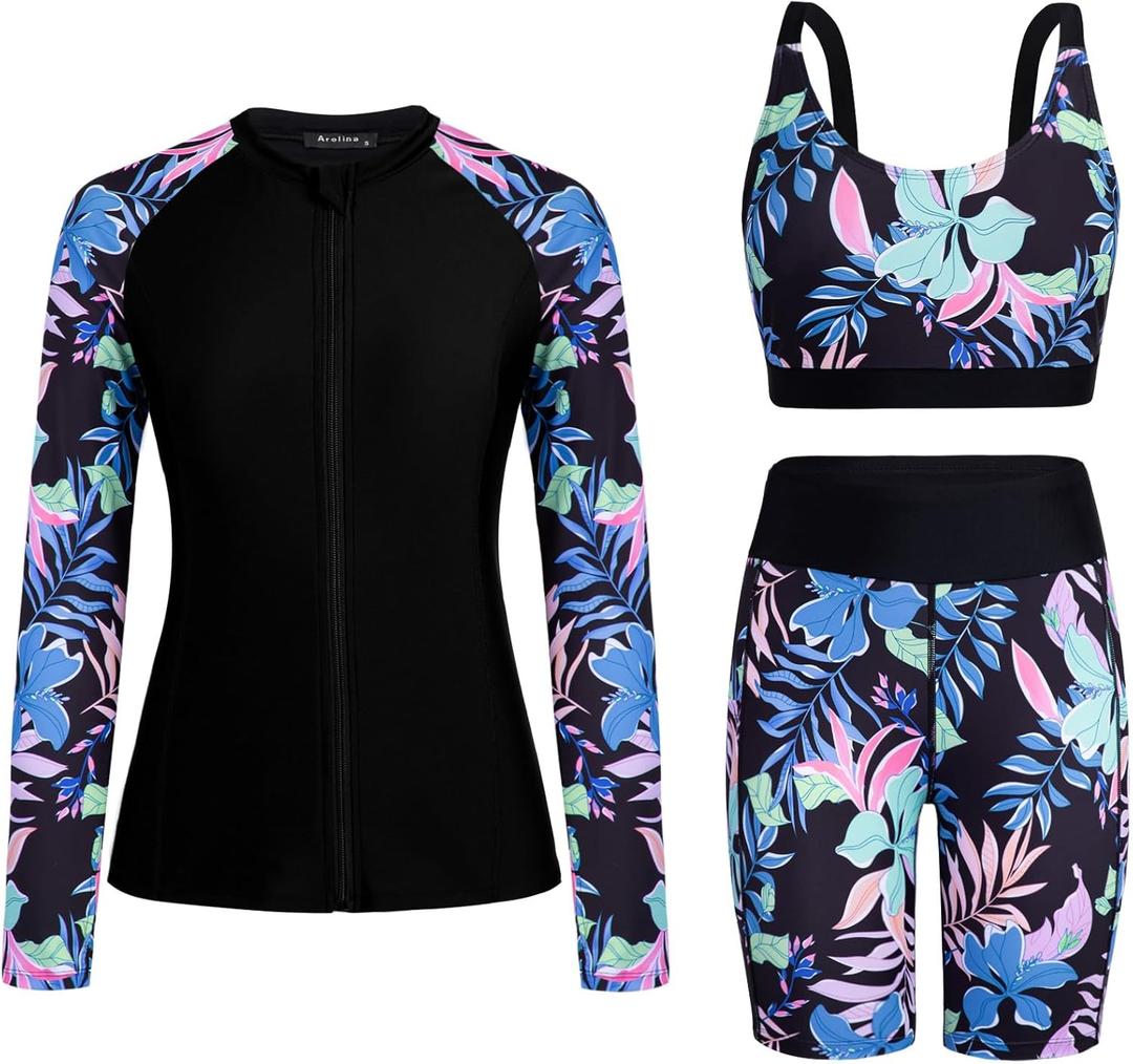 Arolina Womens Rash Guard Long Sleeve Swim Shirts Swimsuit 2026 Bathing Suit with Womens Swim Shorts & Two Pockets (XL)