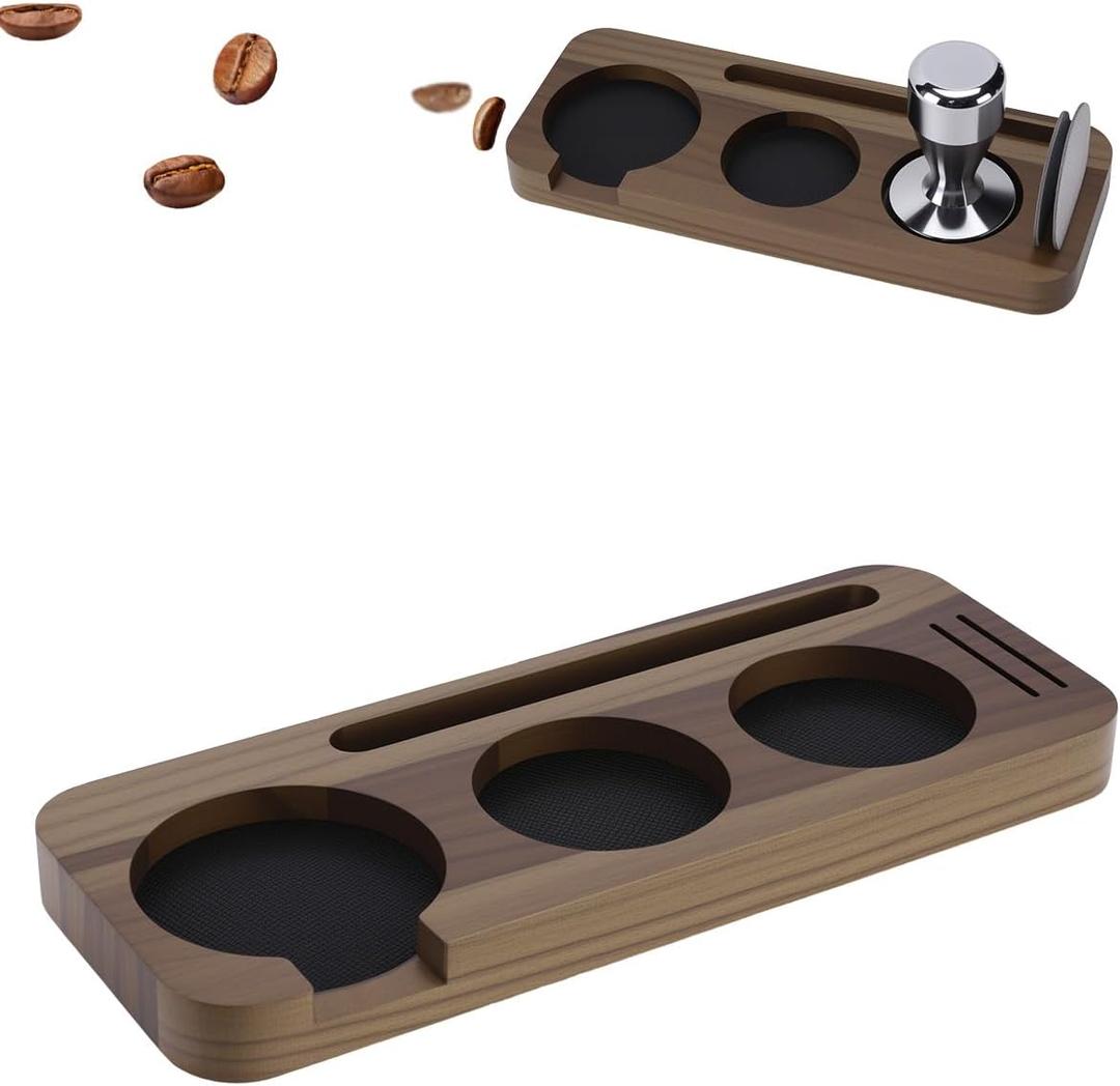 51/54mm Espresso Organizer Station, Solid Walnut Espresso Tamping Station with Non-Slip Mat, Compact Coffee Accessories Holder for Barista Countertop