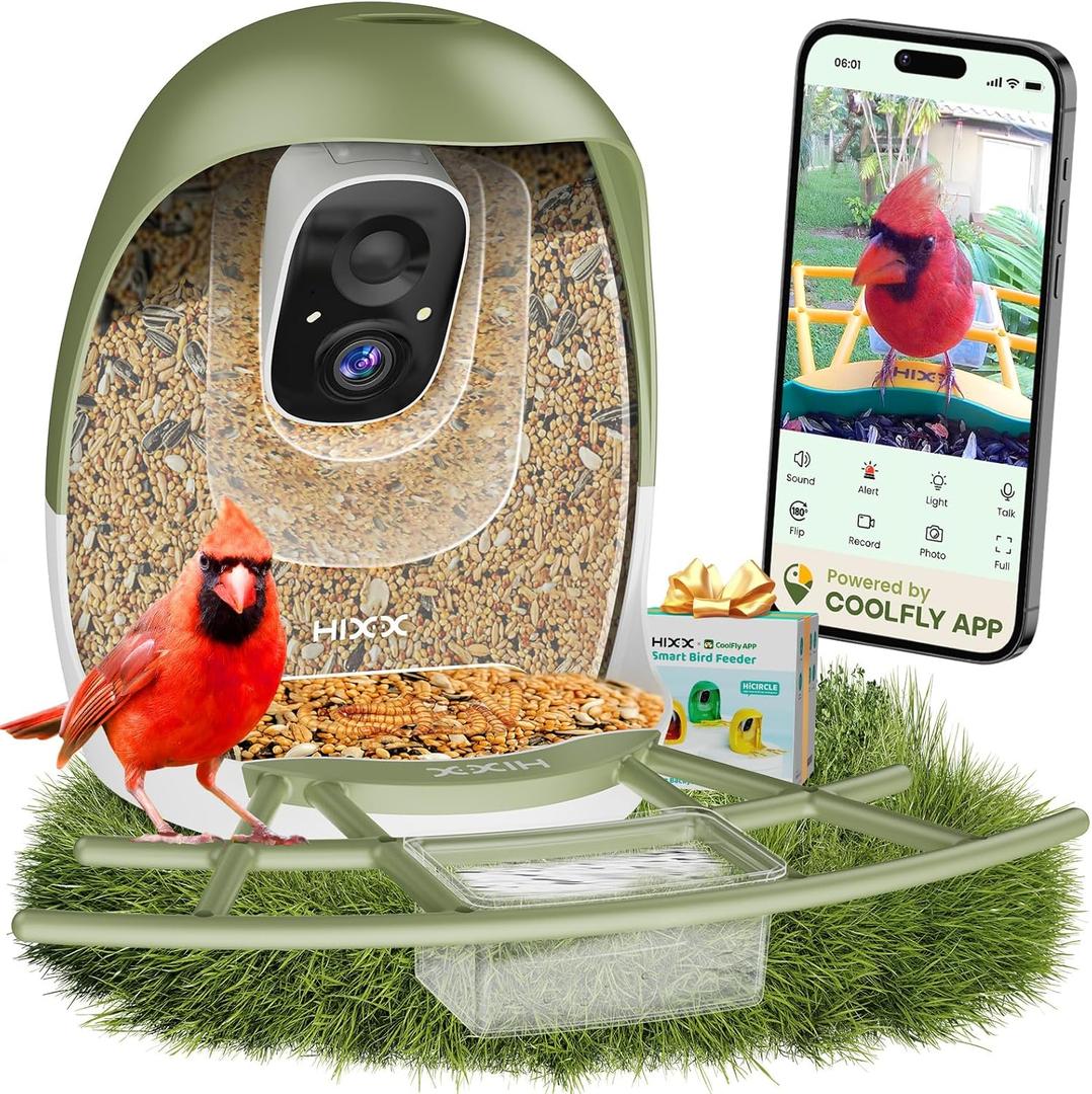 HIXX Smart Bird Feeder with Camera, AI Identify Birds & Auto Capture, 2K HD Live Camera Birdwatching with Color Night Vision for Bird Lovers Gifts (Forest Green)