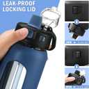 Kodrine Water Bottle With Straw and Carry Handle, Glass Water Bottle 24 oz Leak Proof Locking Lid with Soft Silicone Spout, Reusable Drinking Cups for Travel Sports with Time Marker,Navy Blue