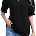 LA BAIESO Womens Tops Puff Short Sleeve Summer Tops Trendy Casual Ruffle Collar Blouse V Neck Tunic T Shirts Business Clothes Black 2XL