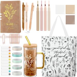 Singhoow 29 Pcs Bible Journaling Kit Glass Cup Canvas Bag Leather Notebook Highlighters and Pens Sticky Notes Tapes Paper Clips Bible Study Supplies for Women Teacher Sunday School(Yellow) (As shown in the picture)