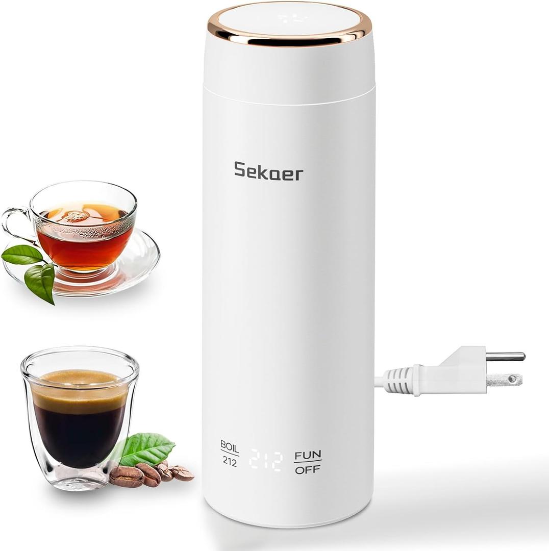 Sekaer Mini Travel Portable Electric Kettle, Small Tea Kettle Hot Water Boiler, 330mL & 304 Stainless Steel, with 4 Variable Presets and Auto Shut-Off, SEK-833 (White Gold)