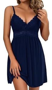 Women Lace Modal Nightwear Sleepwear Chemises V-Neck Full Slip Babydoll Nightgown (Medium, Navy Blue) Women Lace Modal Nightwear Sleepwear Chemises V-Neck Full Slip Babydoll Nightgown (Medium, Navy Blue)