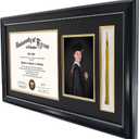 GraduationMall 11x22 Black Diploma Frame with Tassel Holder and Picture for 8.5x11 Certificate 5x7 Photo,Real Glass,Black over Gold Mat, Black With Silver Beads