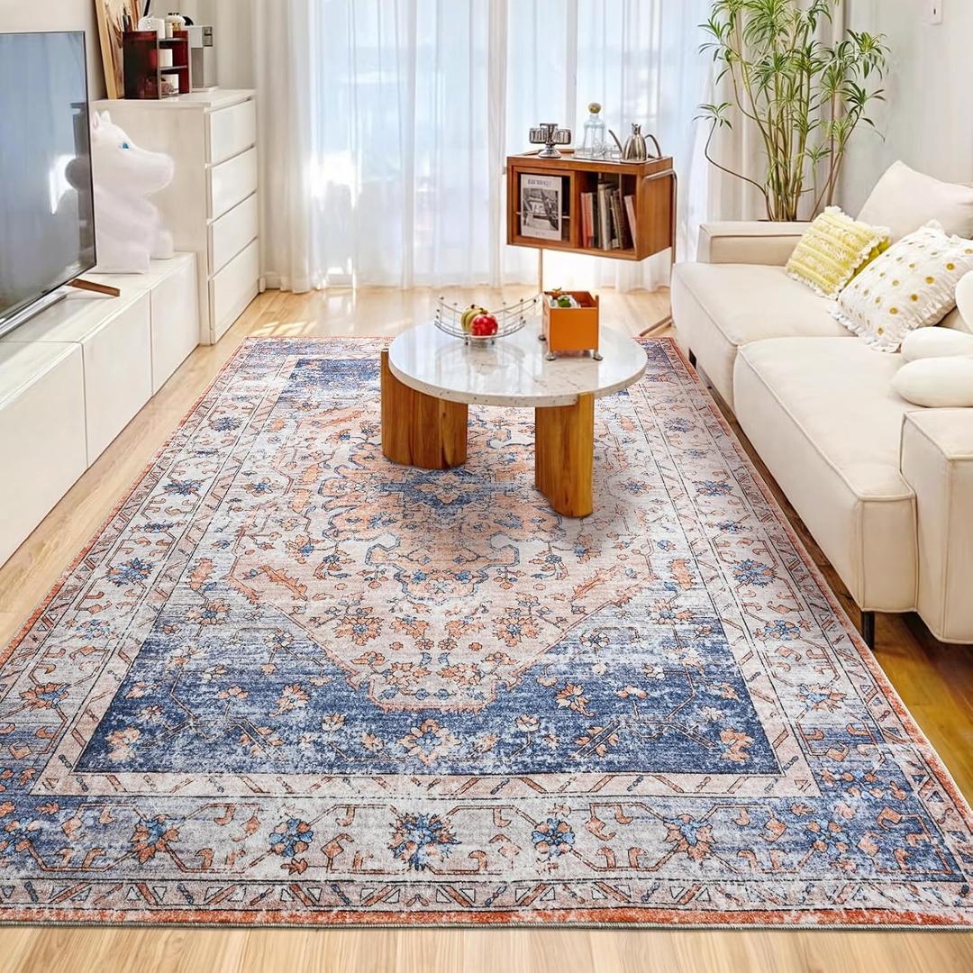 8x10 Rug for Large Spaces - Easy Clean Non Slip Carpet for Homes with Kids, Machine Washable Rug for Living Room (Blue)