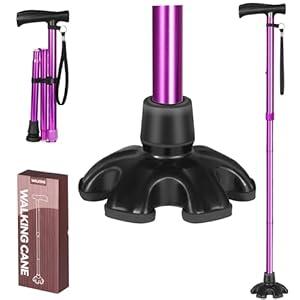 Walking Cane for Women & Men, Folding Cane Lightweight with Offset Handle, Adjustable Walking Stick for Seniors Mobility Balance, Small Base, 32-37" Flower (Black)