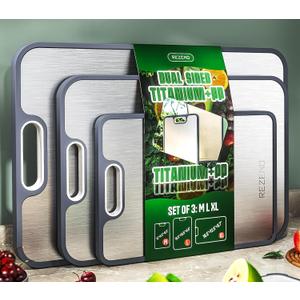 Titanium Cutting Board Set of 3, Dual Sided Design Non Toxic Cutting Boards for kitchen Beyond Food-Grade Chopping Board for Hygienic Food Prep, Extra Large (M/L/XL), Knife-Friendly, with Juice Groove, Medium