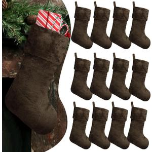 12 Pcs Christmas Stocking 18'' Bulk Thick Plush Fabric Hanging Christmas Stocking Decorations for Xmas Holiday Family Party Tree Fireplace Classic Ornaments (Dark Brown)