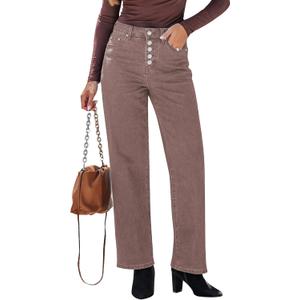 GRAPENT Wide Leg Jeans for Women High Waisted Trendy Button Fly Stretchy Denim Pants Vintage Straight Leg Trouser Jeans (X-Large, Pecan Brown)