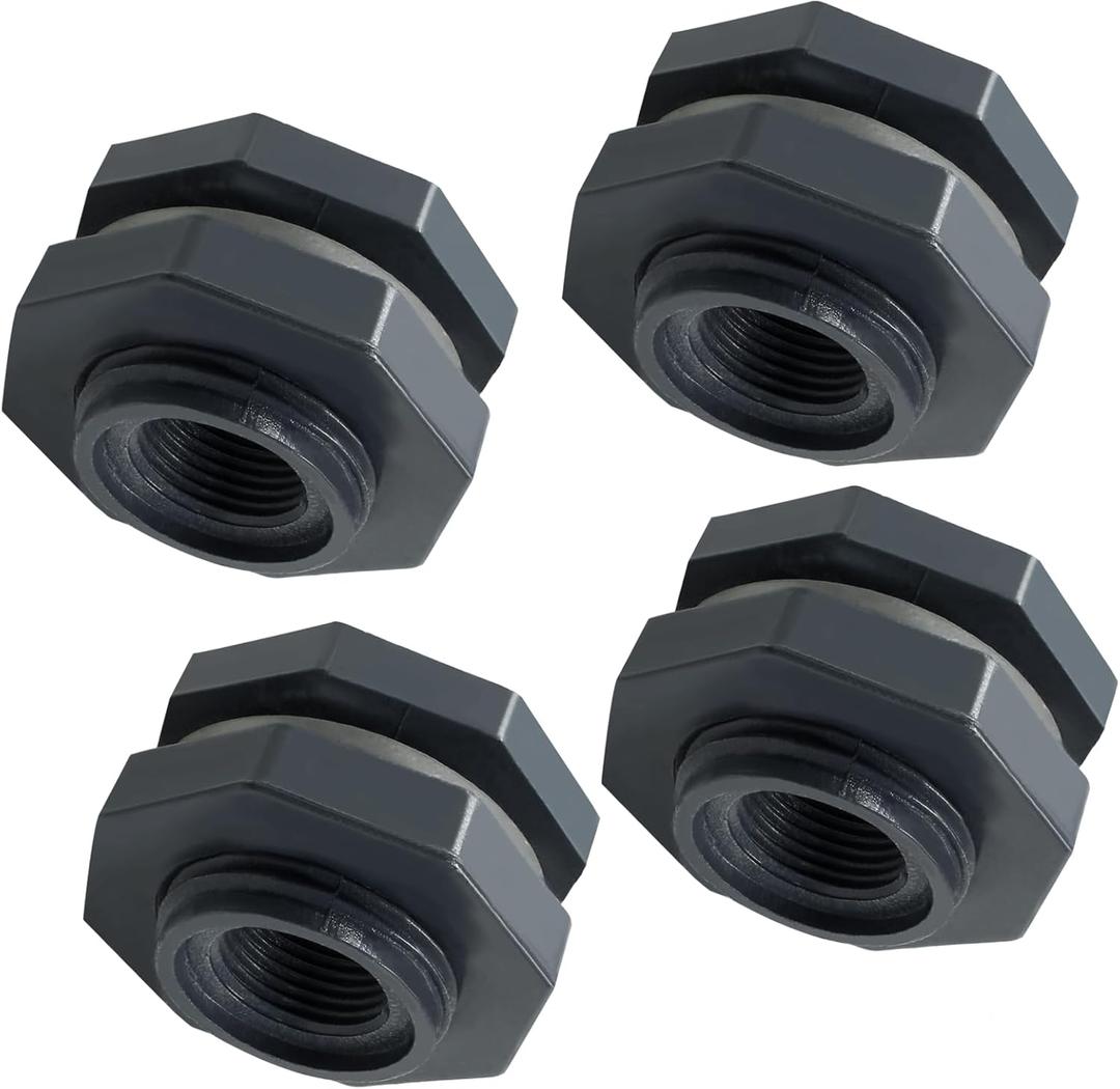4pcs NPT1/2 PVC Bulkhead Fitting, 1/2 Inch Plastic Water Tank Connector Threaded Thru-Bulk Pipe Fittings for Rain Barrels, Aquariums, Bucket Hose Adapter, Ponds, Pools