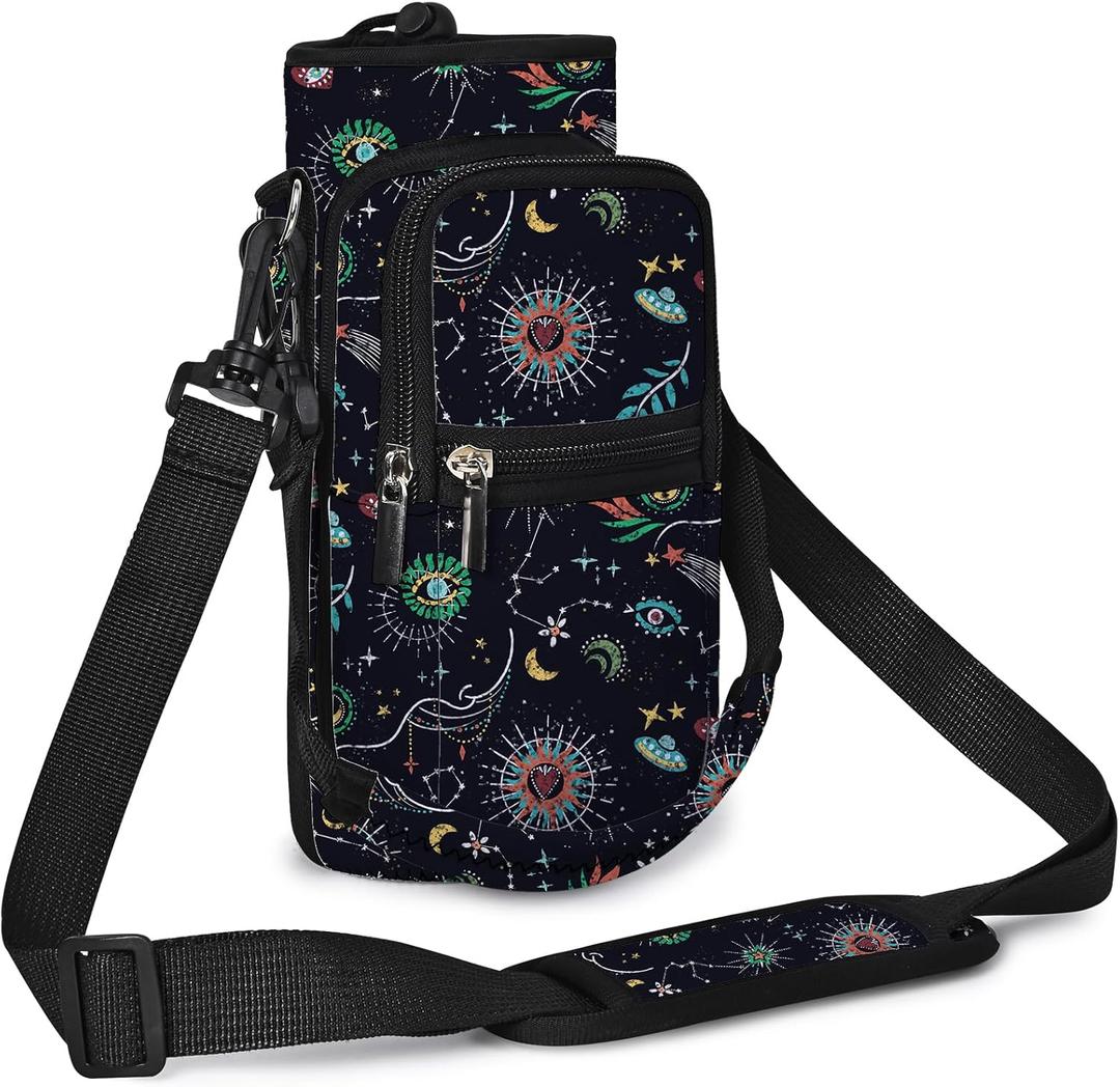 AUPET Water Bottle Sling Bag Sleeve Holder Carrier 25/32/40/64 oz,Insulated Crossbody Water Bottle Case Cover with Strap and Pockets for Men/Women Walking Hiking (Mystical Cosmic)