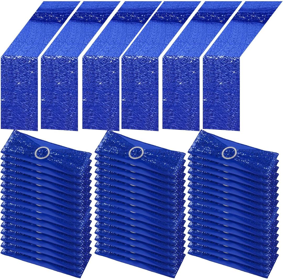 Newwiee 54 Pcs Blue Sequin Chair Sashes and Table Runners, 48 Sequin Chair Bows, 6 Glitter Table Runners for Birthday Party Wedding Banquet Holiday Decorations