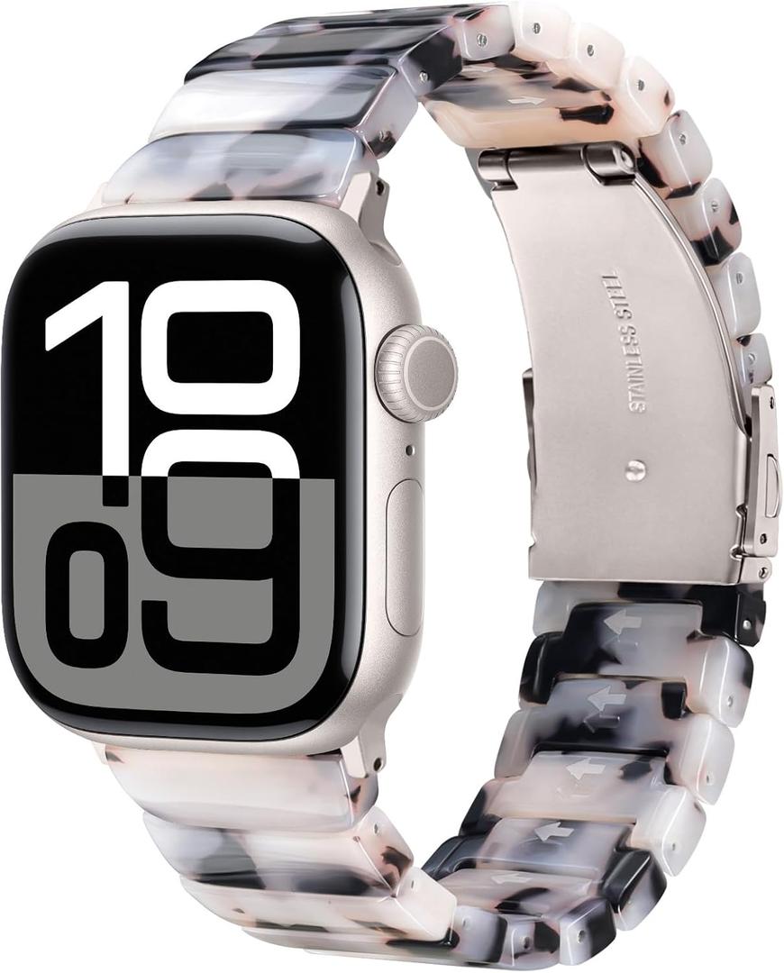 V-MORO Resin Band Compatible with Apple Watch Series 7/8/9/10 41mm/40mm/38mm/42mm Fashion Strap for iWatch Series 6/5/4/3/2/1/SE/SE2 Lightweight Bracelet Wristband Women Men(Classic Ivory Tortoise) (Classic-Tortoise Stone Flower-Starlight)