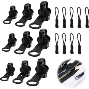 Zipper Replacement Kit Universal Double-Sided Zipper Slider Repair Kit 9 Pack 3 Different Size Black Zippers Fix Repair Kit for Jackets, Backpack, Coats, Tents, Luggage, Bags