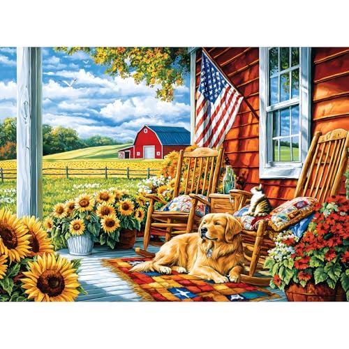 300 Piece Puzzles for Adults,Farm Country Life Puzzles for Adults Children Seniors,Sunflowers Dog Jigsaw Puzzles for Kids Ages 8-10 10-12,Landscape Puzzle Letter on Back, Family Puzzle Game,20.5*15in