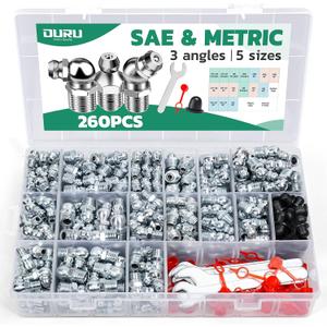 OURU 260PCS Grease Fittings Kit, SAE & Metric Zerk Grease Fittings Straight 45 90 Degree with Grease Fitting Caps & Wrench Kit(7-11mm) for Grease Gun