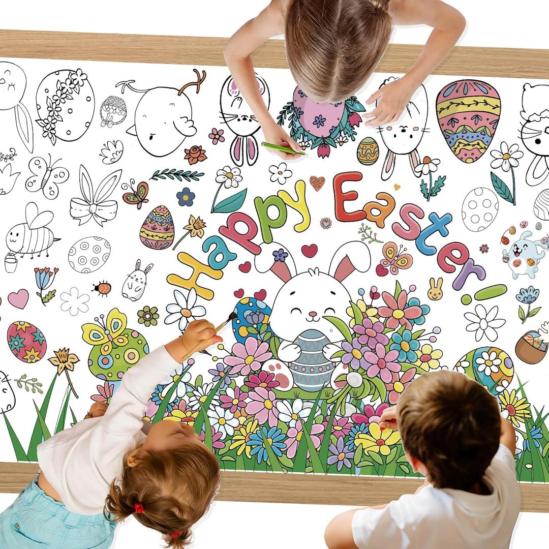 5 x Easter Giant Coloring Tablecloth,Easter Crafts for Kids,Large 30x72 Inch Poster with Bunnies, Eggs, Flowers,Paper Coloring Banner Games Activities Gifts Party Decorations for Party Games