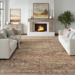 Fmfunctex 6x9 Washable Area Rug Rust Brown Vintage Neutral Distressed Oriental Large Non Slip Carpet for Living Room Bedroom Soft Low Pile Indoor Retro Throw Rug for Dining Room Kitchen Office Nursery