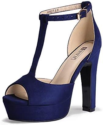 IDIFU Women's IN5 Polly Platform Chunky High Heels T-Strap Sexy Sandals Peep Toe Wedding Party Prom Dress Shoes for Women Bride (Blue Suede, 9.5 US)