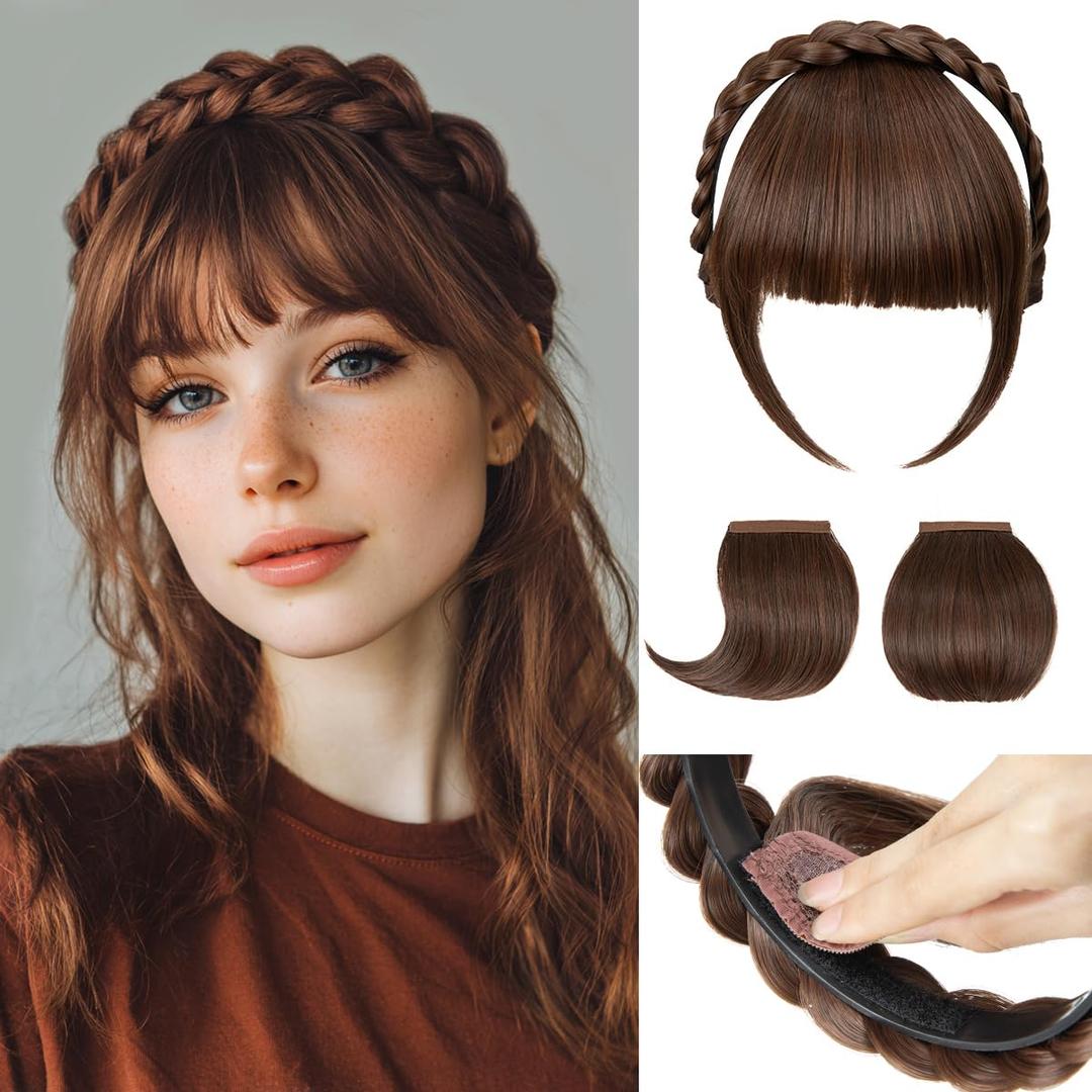 SARLA Braided Headband with 3 Detachable Clip in Bangs Fringe Hairpieces Fake Synthetic Hair Band Bangs for Women Chocolate Multi