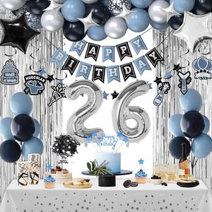 26th Birthday Decorations, Dusty Blue 26 Birthday Decorations for Men Women, Blue Sliver Black Birthday Party Decor with Happy Birthday Banner, Number Balloons, Foil Balloons, Swirl