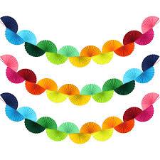 3 Pack Wedding Paper Fans Garland 15.6ft Colorful Background Ceiling Hanging Decorations Set for Birthday Party Supplies 3D Bachelorette Party Decorations (Rainbow)