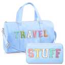 Shinylin 2 Pcs Travel Preppy Duffle Bag and Chenille Letter Makeup Pouch Cosmetic Zipper Patch Weekender Carry on Tote Bag for Women(Blue)