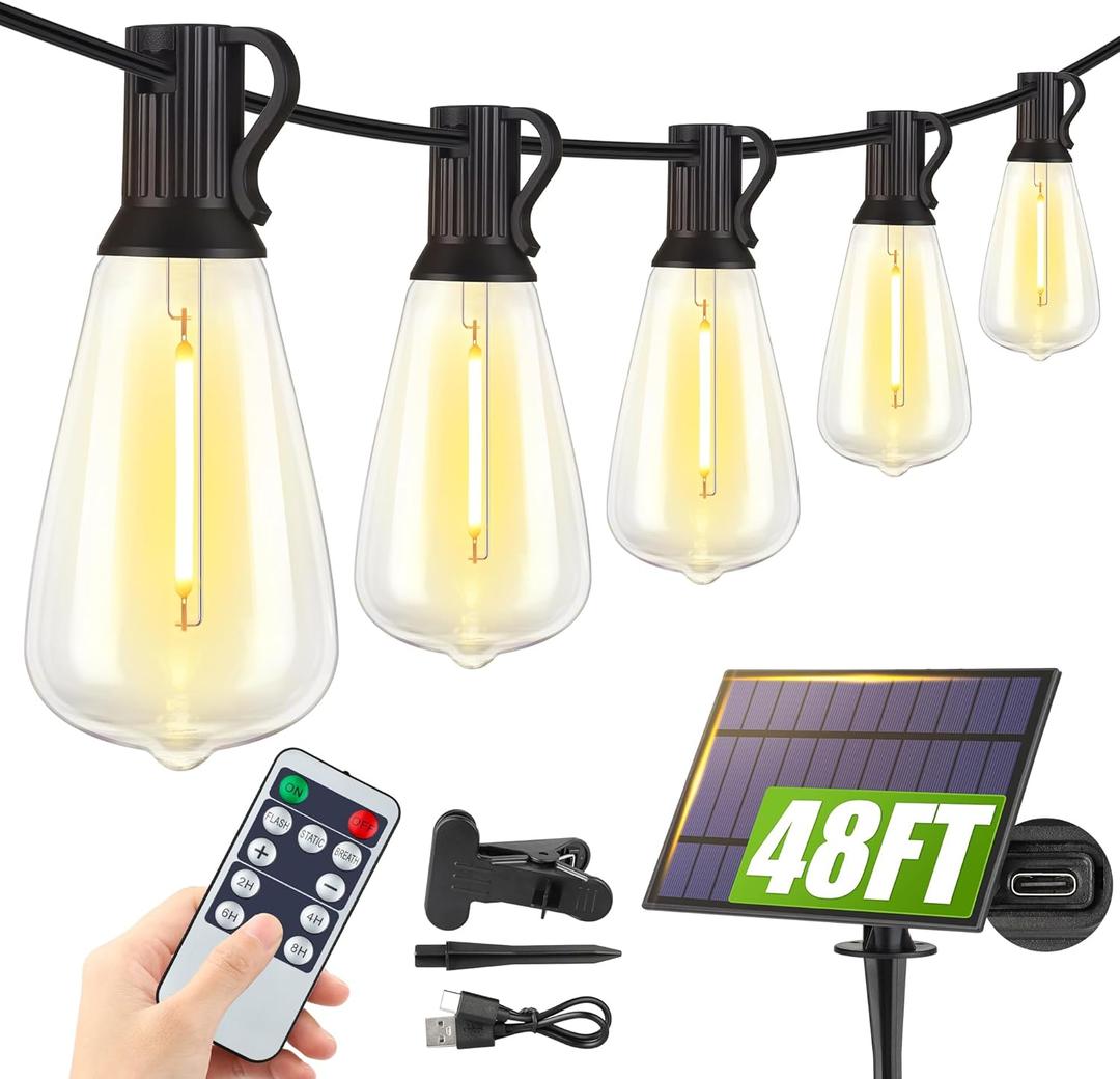 Larkvue 48FT Solar String Lights Outdoor with Remote, Waterproof Dimmable Patio Lights with 15+1 LED ST38 Bulbs 3 Modes Hanging Lighting for Backyard (Black)