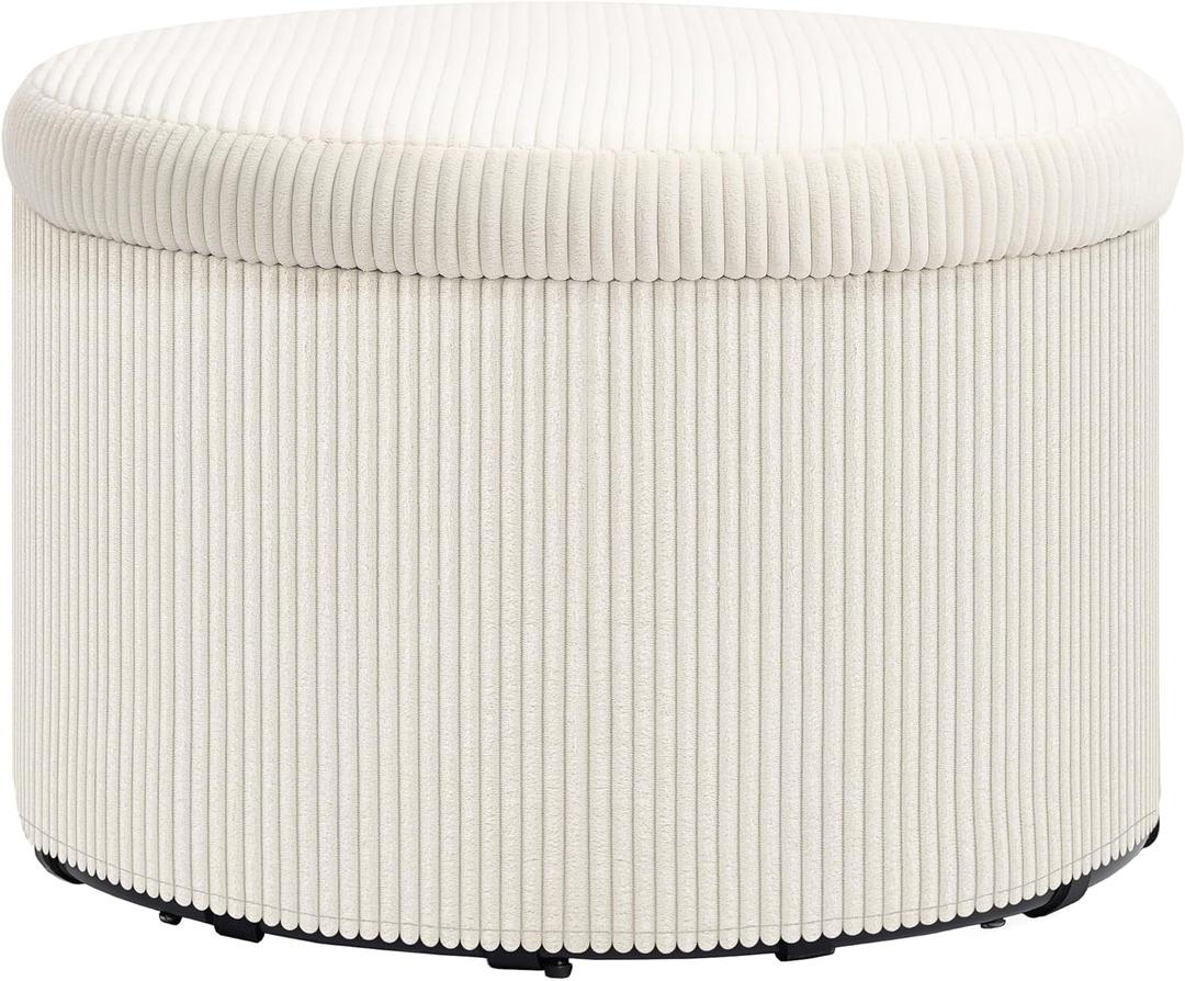 HOMCOM Storage Ottoman with Lid, 24 Inches Round Pouf Ottoman with Storage, Upholstered Corduroy Foot Rest Stool for Living Room, Bedroom, Beige