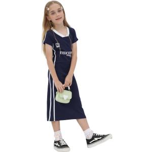 Girl's T Shirt Long Dress, Maxi Cotton T-Shirt Dress for Children Casual V Neck Short Sleeve Letter Print 4-13 Years (Blue)