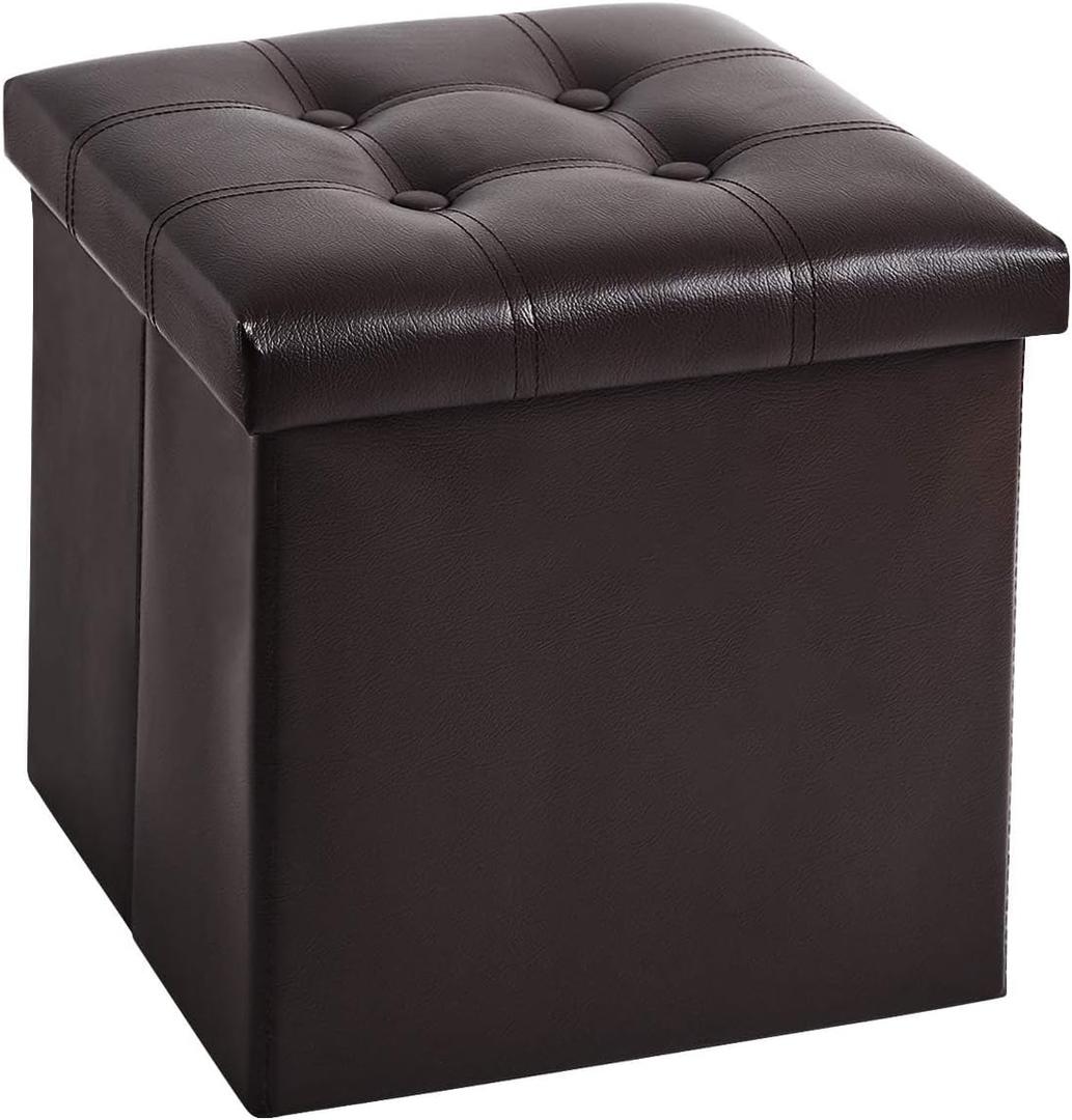 YOUDENOVA 15 inches Folding Storage Ottoman, Cube Storage Boxes Footrest, Small Ottomans with Foam Padded Seat, Support 300lbs (Brown, Leather)