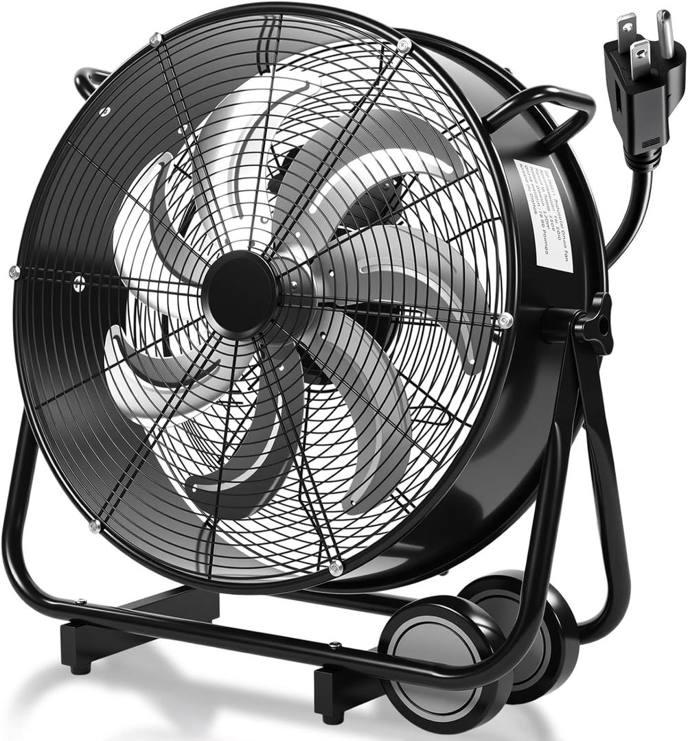 20" High Velocity Industrial Drum Fan 7 Metal Blades Heavy Duty Metal Industrial Floor Fan 3 Speed with Handle and Roller, 360 Rotation for Warehouse Basement Factory Barn Garage(Black)