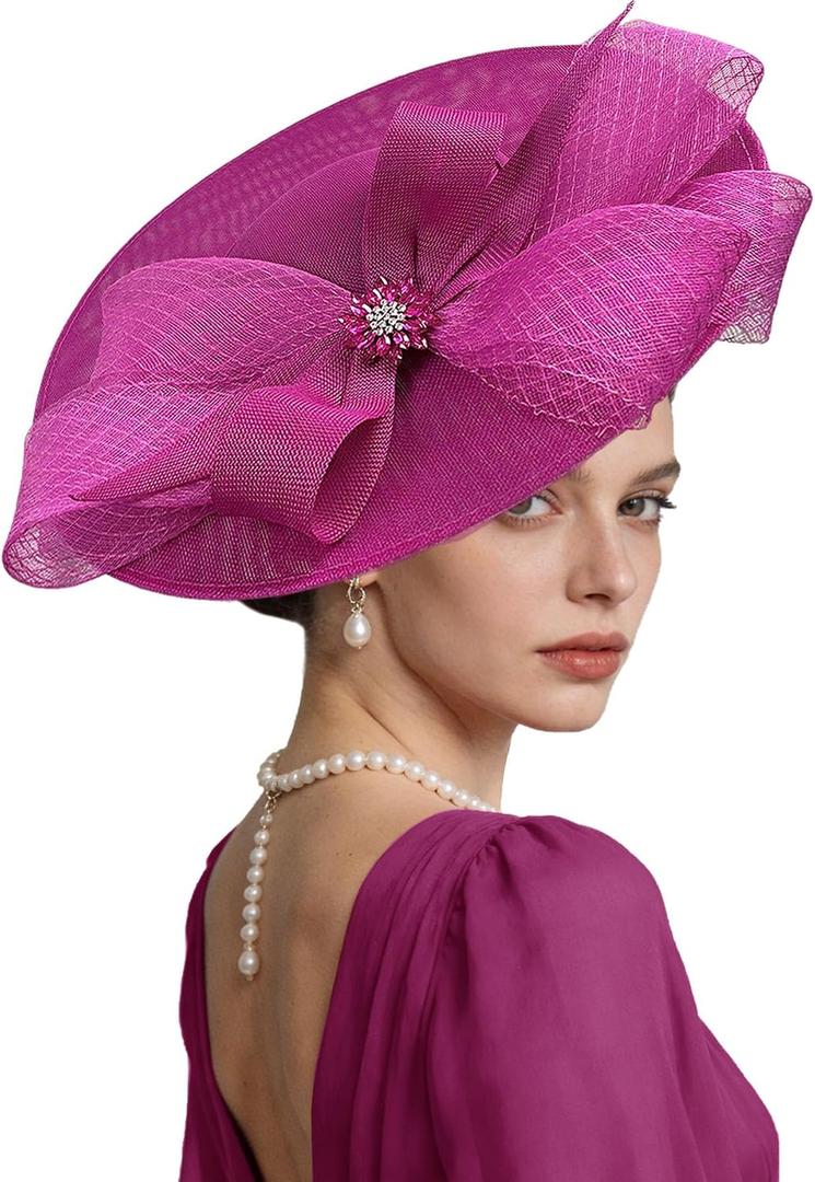 Kgromfy Women's Wide Brim Fascinator Hat Tea Party Headband Large Vintage Church Hat Lady Headwear for Derby Wedding Cocktail