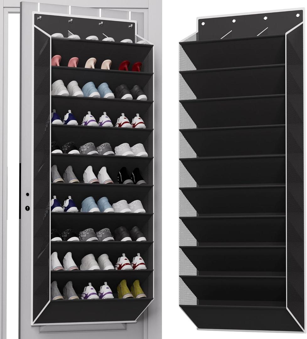 TAHAVICE 10-Tier Large Size Over The Door Shoe Organizer, Holds 30 Pairs Hanging Shoe Rack with Deep Pockets for Closet, Space-Saving Storage for Sneakers, Boots (Black)