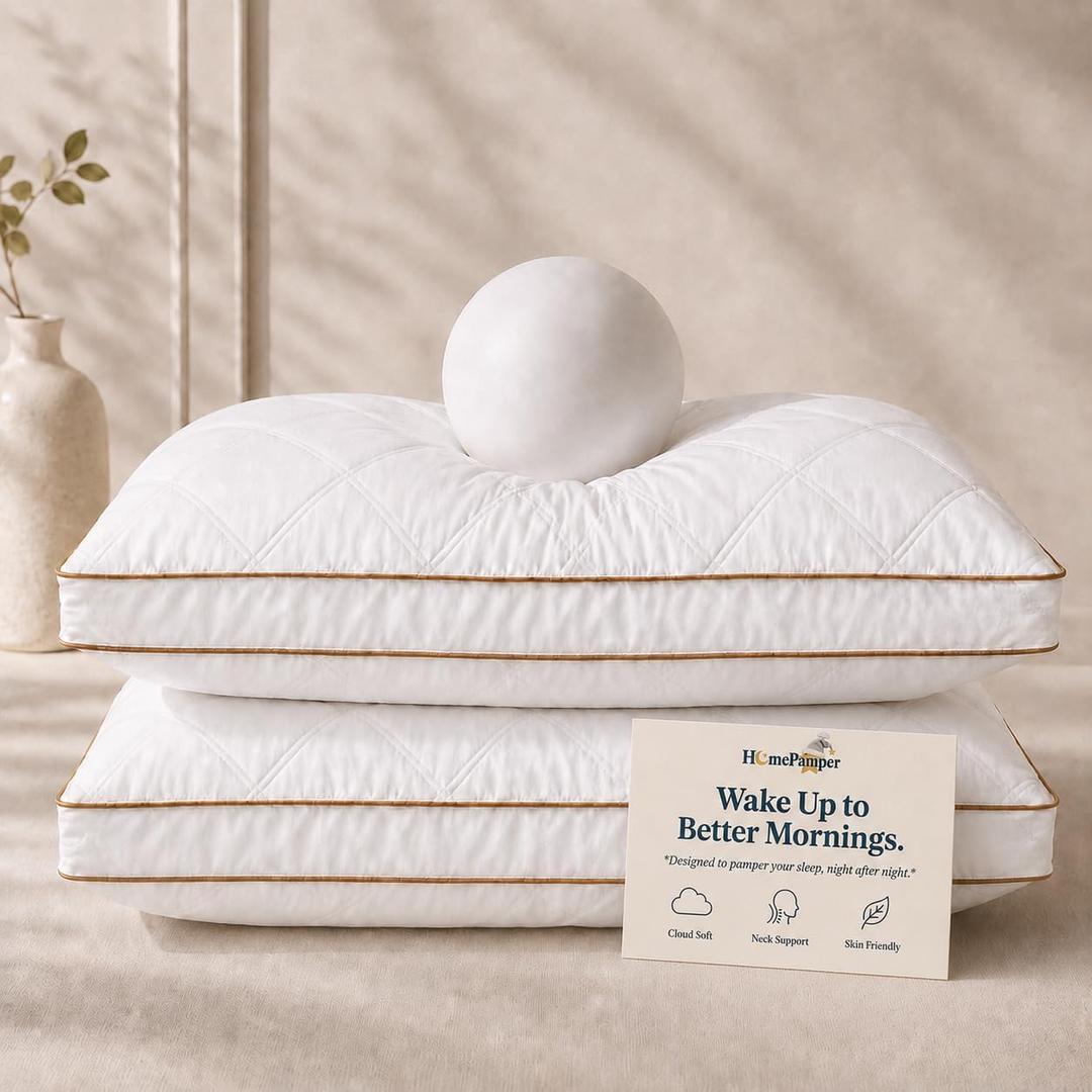 Pillows Standard Size Set of 2, Bed Pillows for Sleeping with 100% Cotton Shell, Soft Supportive 3D Down Alternative Hotel Pillows, Gusseted Pillow Set for Side Back Stomach Sleepers, White