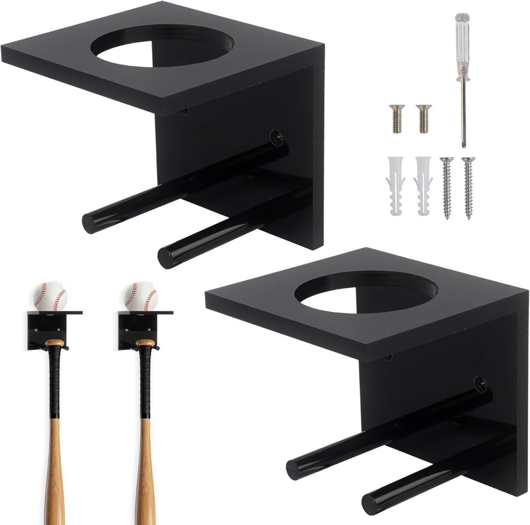 2 Pack Baseball Bat Wall Mount, Acrylic Baseball Bat Holder, Baseball Bats Rack for Lacrosse Hockey Softball Stick, Black