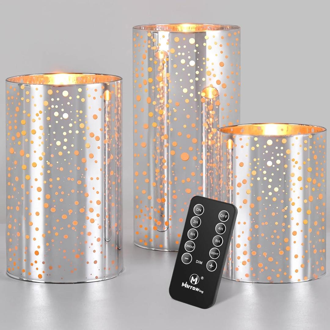 Glass Flameless LED Candles with Remote and Timer, Silver Mercury Color,Battery Operated Flickering LED, Real Glass & Wax, Batteries Included, Great for Mother's Day, Aniversary, Holidays, Wedding (Silver)