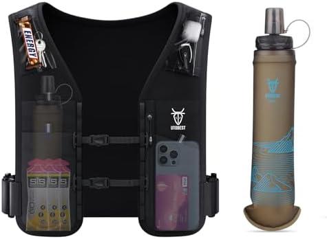 UTOBEST Running Vest for Women Men, Reflective Hydration Vest with 500ml Soft Water Bottle, 5L Phone Holder with Adjustable Belt & Ample Storage, Size NS
