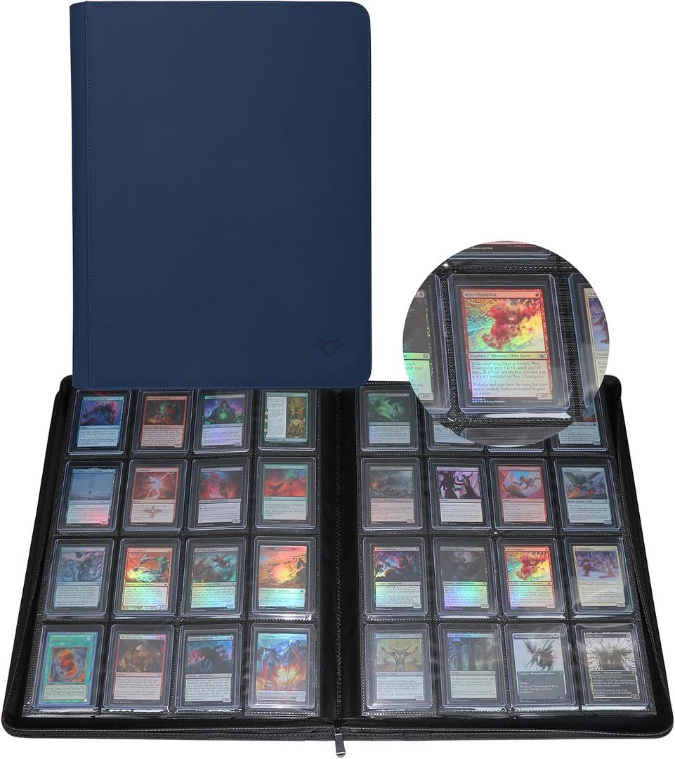 GrinOwl 16 Pocket Top loader Binder, Holds 640 Top Loaders, Large Top loader Card Binder with Sleeves for Cards in 3" x 4" Top loaders (Blue)